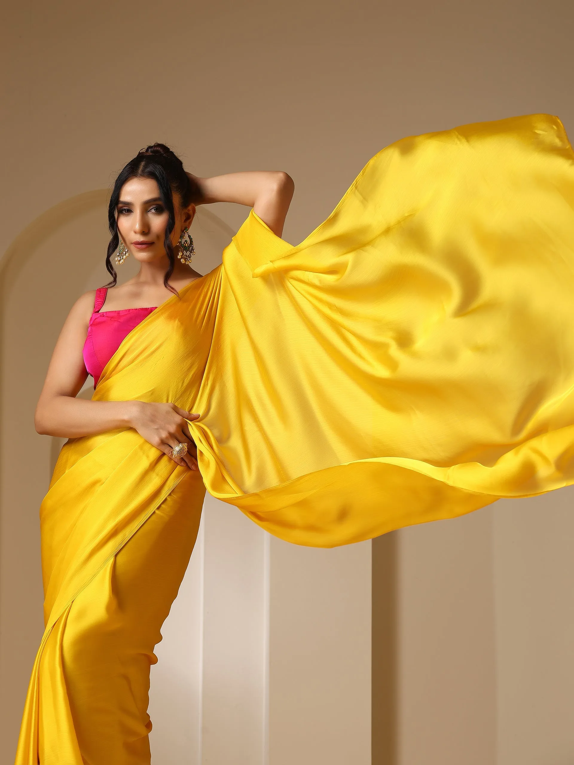 Yellow Soft Chiffon Saree with Fuchsia Blouse Fabric