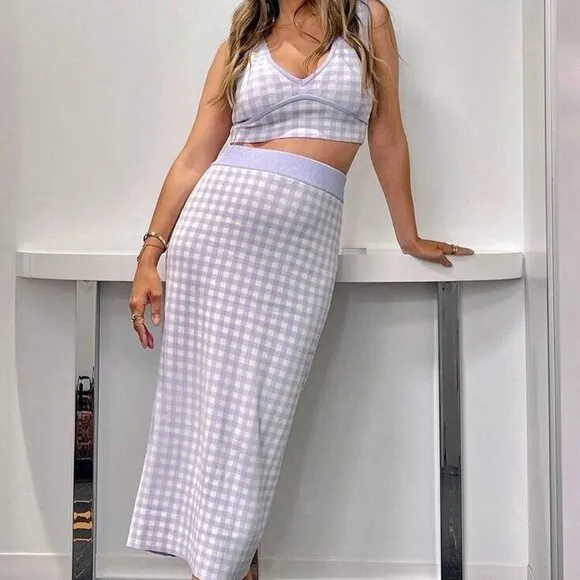 ZARA Knit Gingham Set - Lavender Purple Top   Midi Skirt SET​
