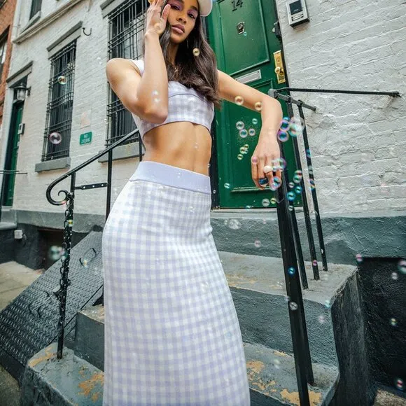 ZARA Knit Gingham Set - Lavender Purple Top   Midi Skirt SET​