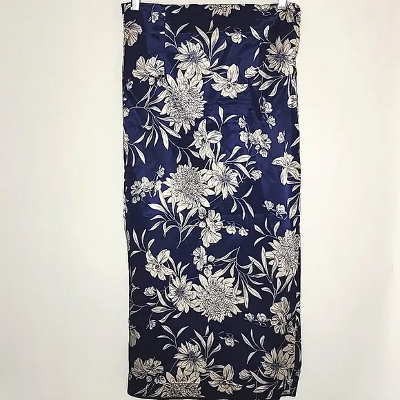 Zara Woman Satin Viscose Cotton Floral Navy Cream Pencil Skirt Size Medium