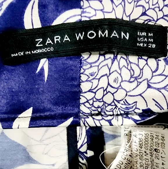 Zara Woman Satin Viscose Cotton Floral Navy Cream Pencil Skirt Size Medium