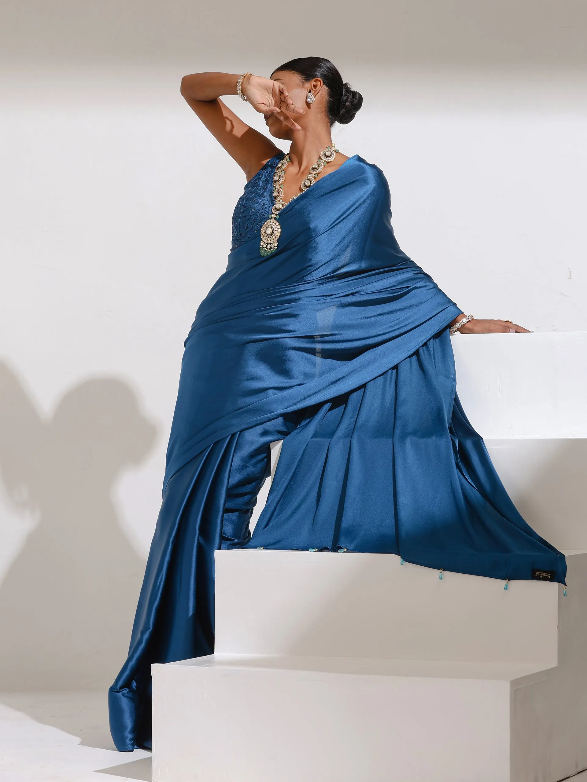 Zoya's Dream Blue Satin Saree with Beads and Embroidered Blouse Fabric